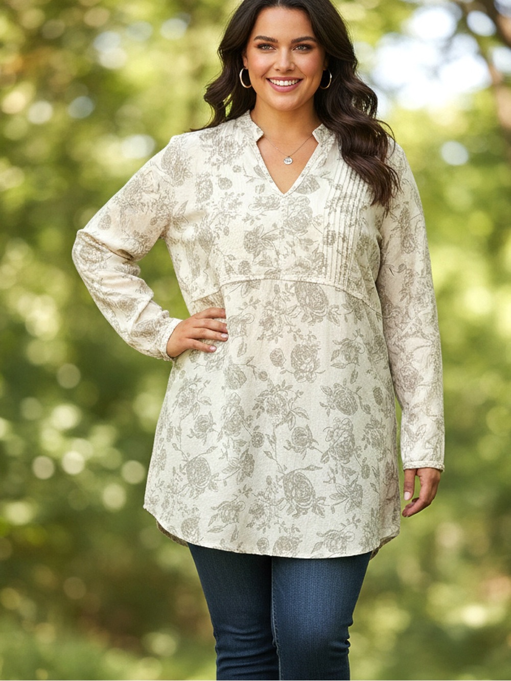 Floral Cotton Pintuck V-Neck Tunic Top - Like New